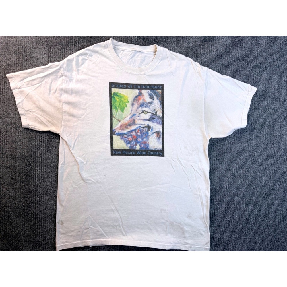 Vintage New Mexico Wine Country Wolf Graphic Tee White XL Stained Distressed Y2K